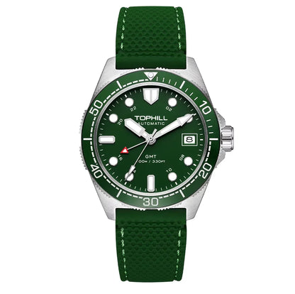 Tophill 39.5mm Automatic NH34 GMT Watch Swim 3H Date Window Mechanical C3 Green Lume 100M Waterproof Sapphire Crystal TD011G