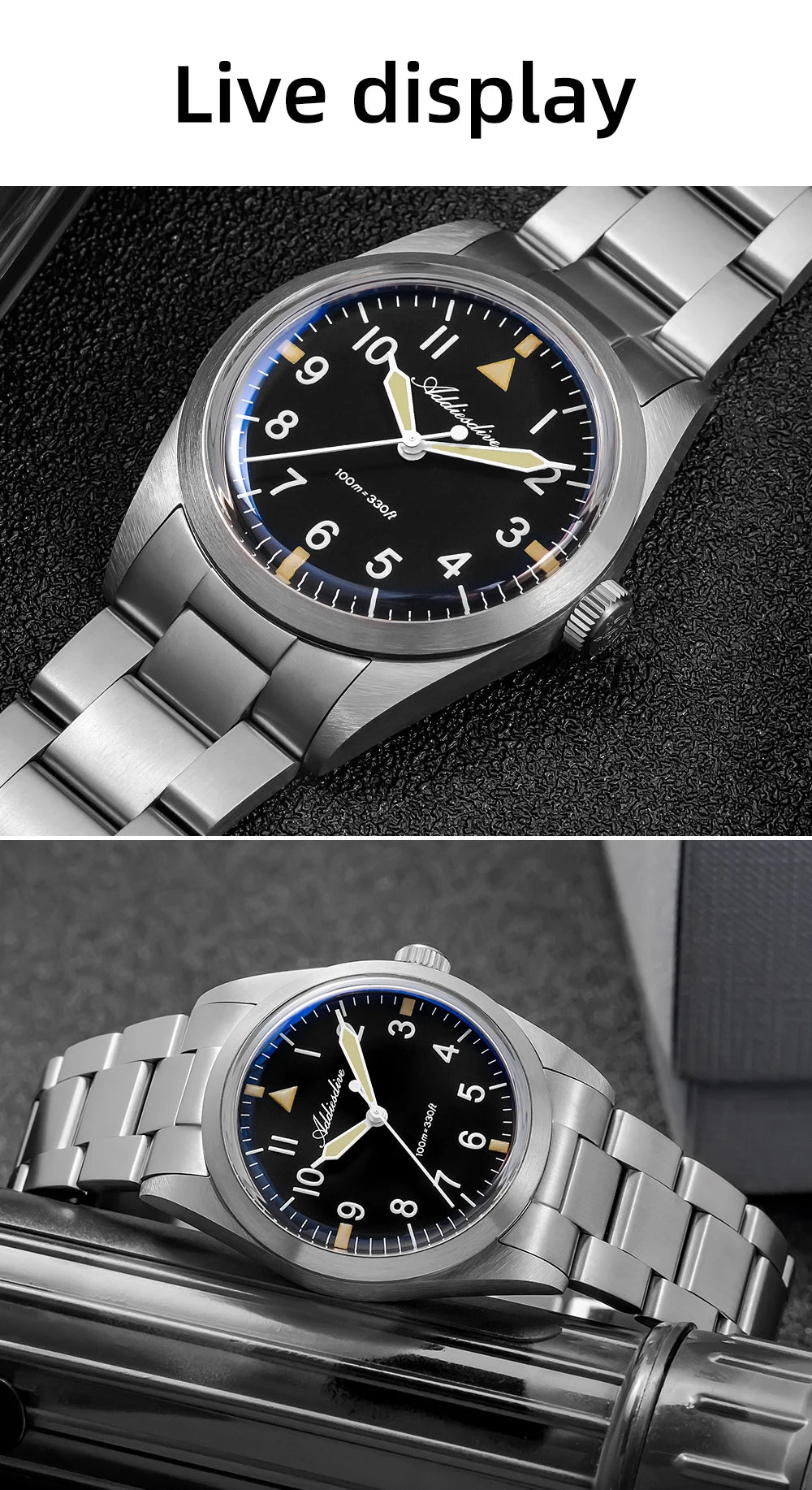 ADDIESDIVE 36mm AD2502 Watch for Men 100M Waterproof Titanium Alloy VH31 Movement Bubble Mirror Glass Luminous Quartz Watches