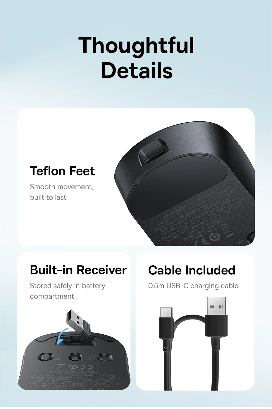 【NOVO】Baseus EM2 ergonomski bežični miš Bluetooth 5.3 2.4G, Type-C punjenje, ultra lagan, tih, s prilagodljivim tipkama