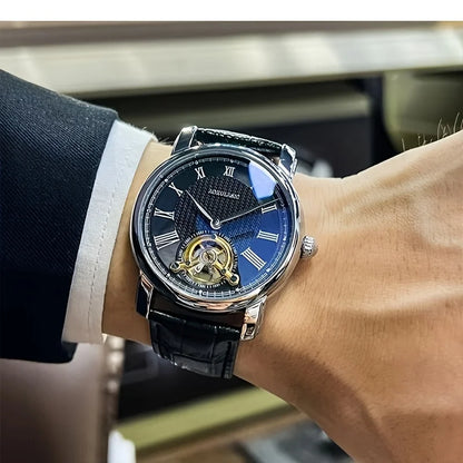 Ceas mecanic automat pentru bărbați – Design elegant ajurat, stil „business casual” la modă, carcasă din aliaj și brățară din piele, fără baterie