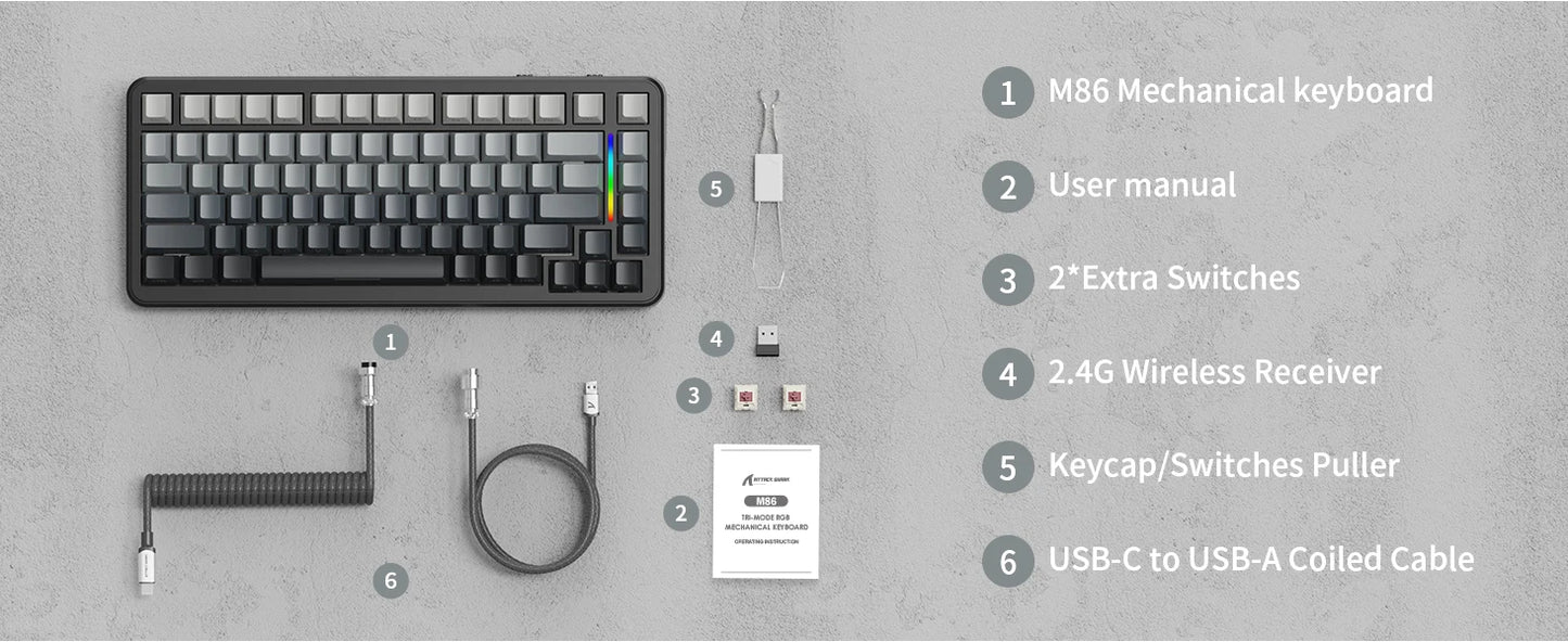 ATTACK SHARK M86 Wireless Mechanical Gaming Keyboard, 75% Gasket Hot Swappable RGB Mechanical Keyboard with Side-Printed PBT Keycaps, Tri-Mode Custom Gaming Keyboard