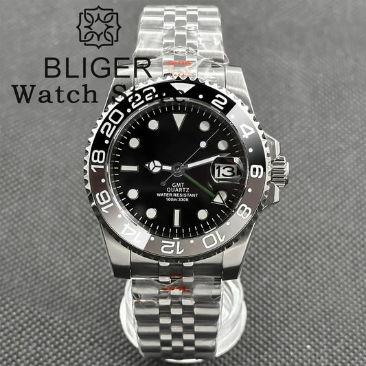 BLIGER 40mm 515 24H GMT Men's Watch Stainless Steel Clasp Luminous Quartz Movement Ceramic Bezel Sapphire Glass 10Bar Waterproof