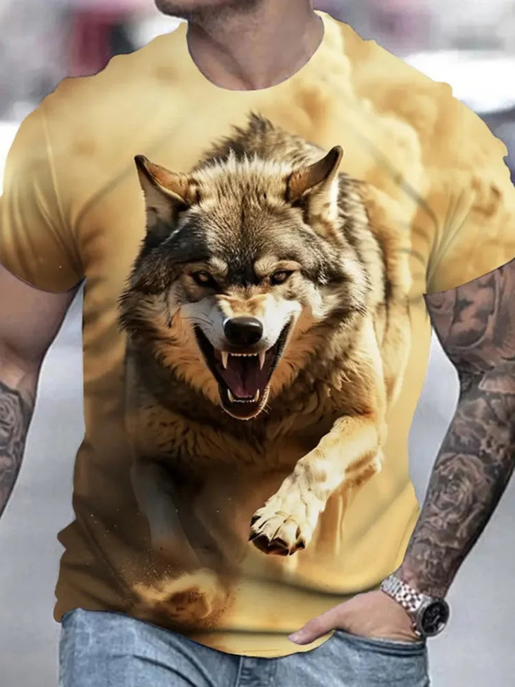 Men 3D Pattern Fire Wolf Graphic Print T-Shirt Summer Oversized Causal T-Shiet Men's Fashion Fitness Short Sleeve Clothing Tops