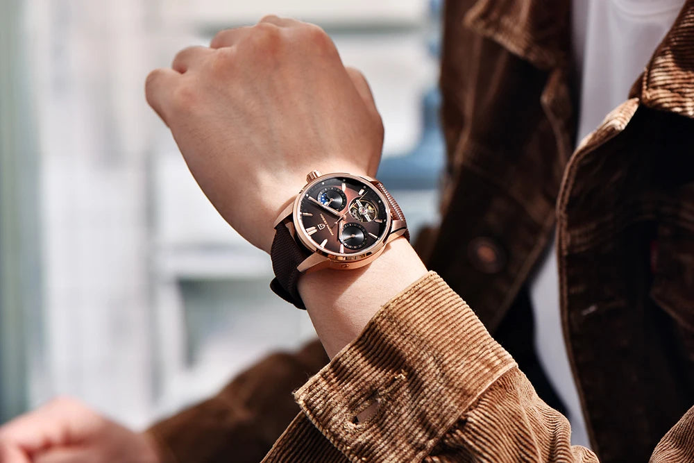 PAGANI DESIGN – luksuzni mehanički sat za muškarce, 41 mm, safirno staklo, kožni remen, vodootporan, u pilotskom stilu, s turbiljonom i fazama mjeseca