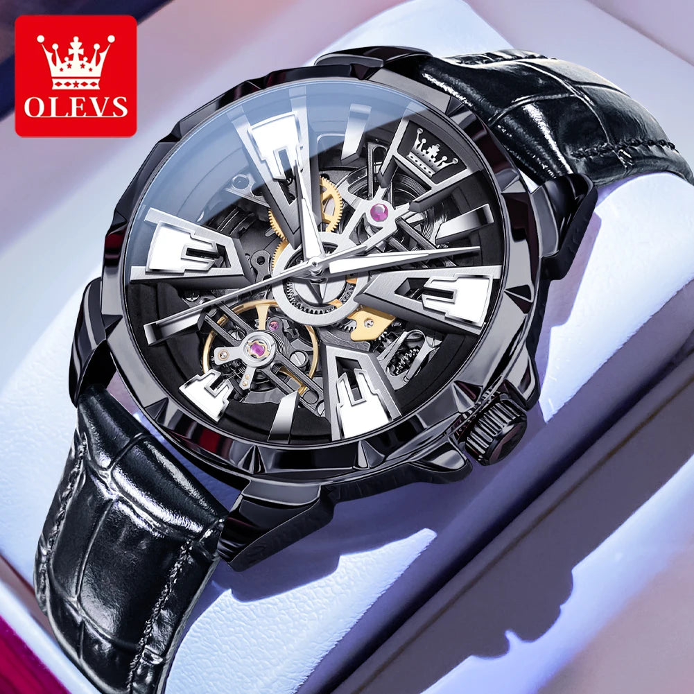 OLEVS 7051 Fashion Men's Watch Leather Strap 30M Waterproof Hollow HD Luminous Automatic Mechanical Wristwatch for Men