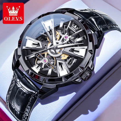 OLEVS 7051 Fashion Men's Watch Leather Strap 30M Waterproof Hollow HD Luminous Automatic Mechanical Wristwatch for Men