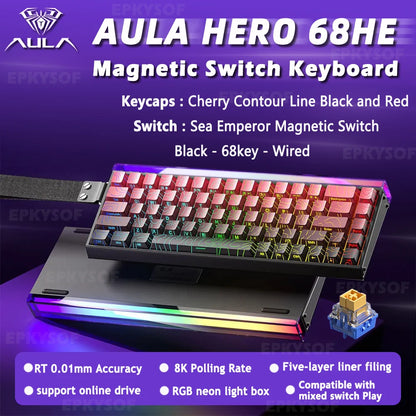 Tastiera AULA HERO 68HE con switch magnetici RGB, tastiera meccanica gaming Rapid Trigger, polling rate 8K, cablata, eSport personalizzata