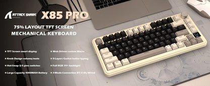 ATTACK SHARK X85 Pro 75% Mechanical Keyboard Wireless RGB Gaming Keyboard with Display Screen, Knob Control, Hot Swappable Gasket Mount, Bluetooth, 2.4GHz & Wired