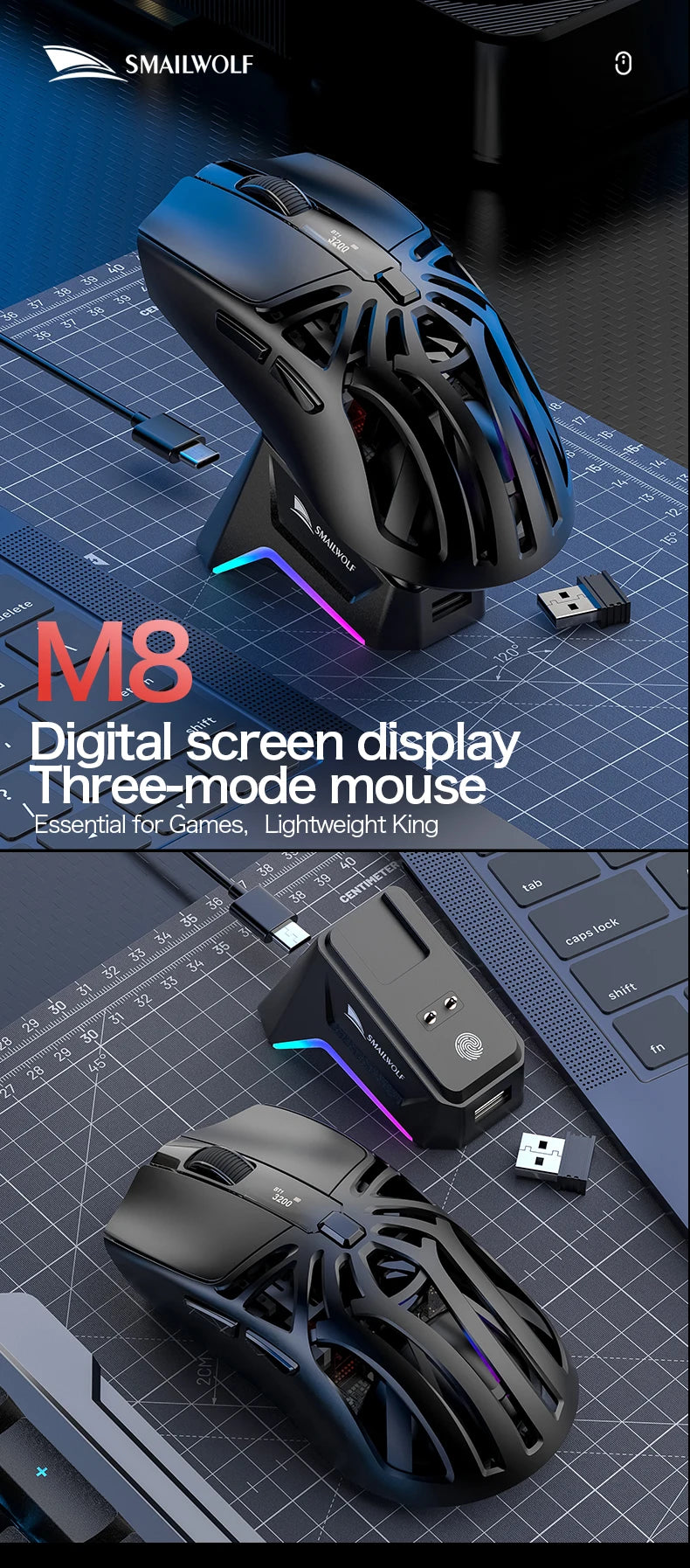 SMAILWOLF M8 Bluetooth Wireless Gaming Mouse, Tri-Mode RGB Rechargeable Mouse with PAW3311 Sensor, 12000 DPI Lightweight Gaming Mouse for PC & Office