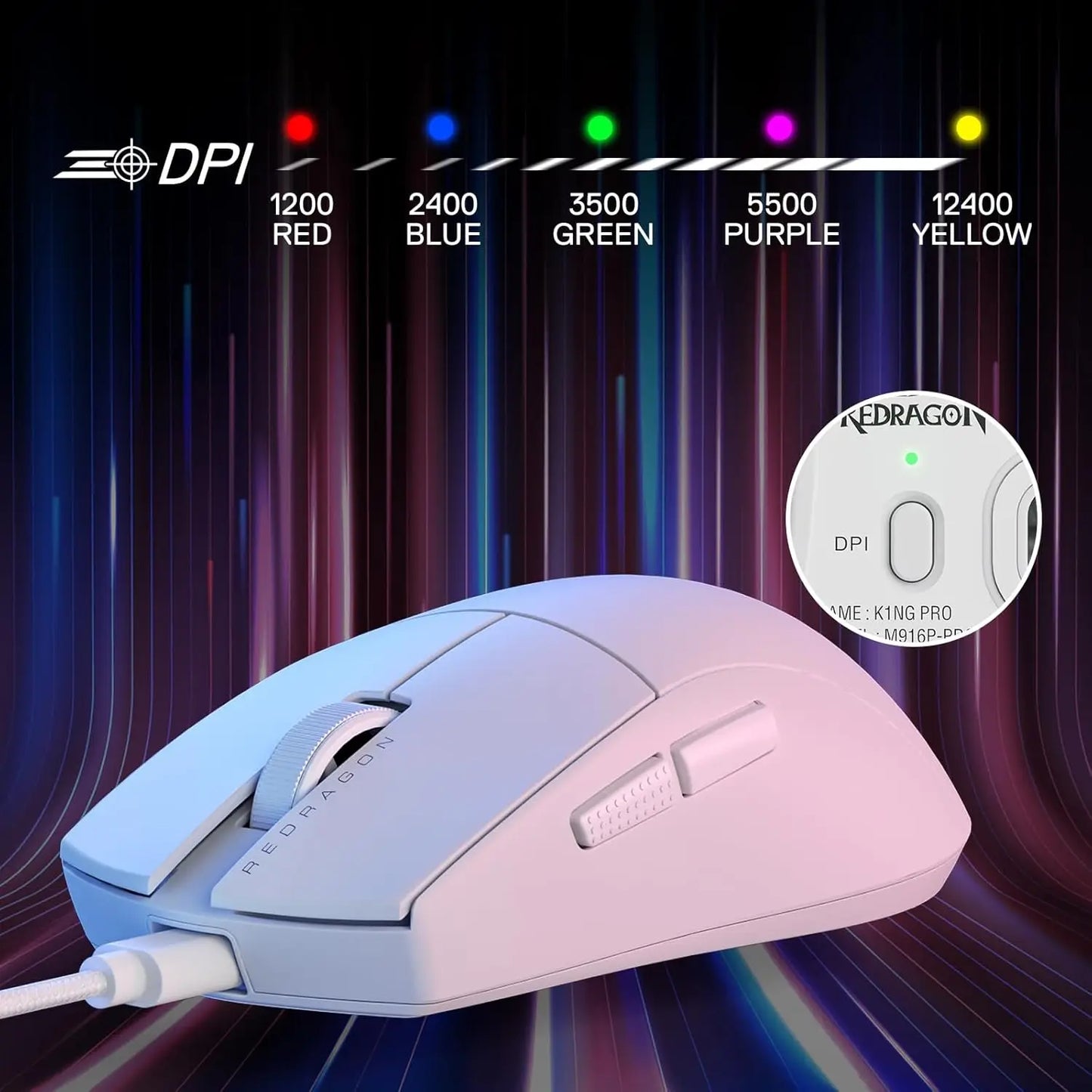 Rato Gaming Redragon M724 com Fio 42G Ultraleve, 12,400 DPI Máx., Ótico, 5 Botões Programáveis