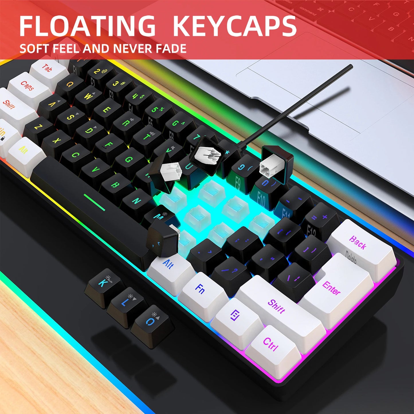 60% Gaming Keyboard Wired RGB Backlit Mini 61 Keys Membrane Keyboard Anti-Ghosting No-Conflict Ultra-Compact for Gamers