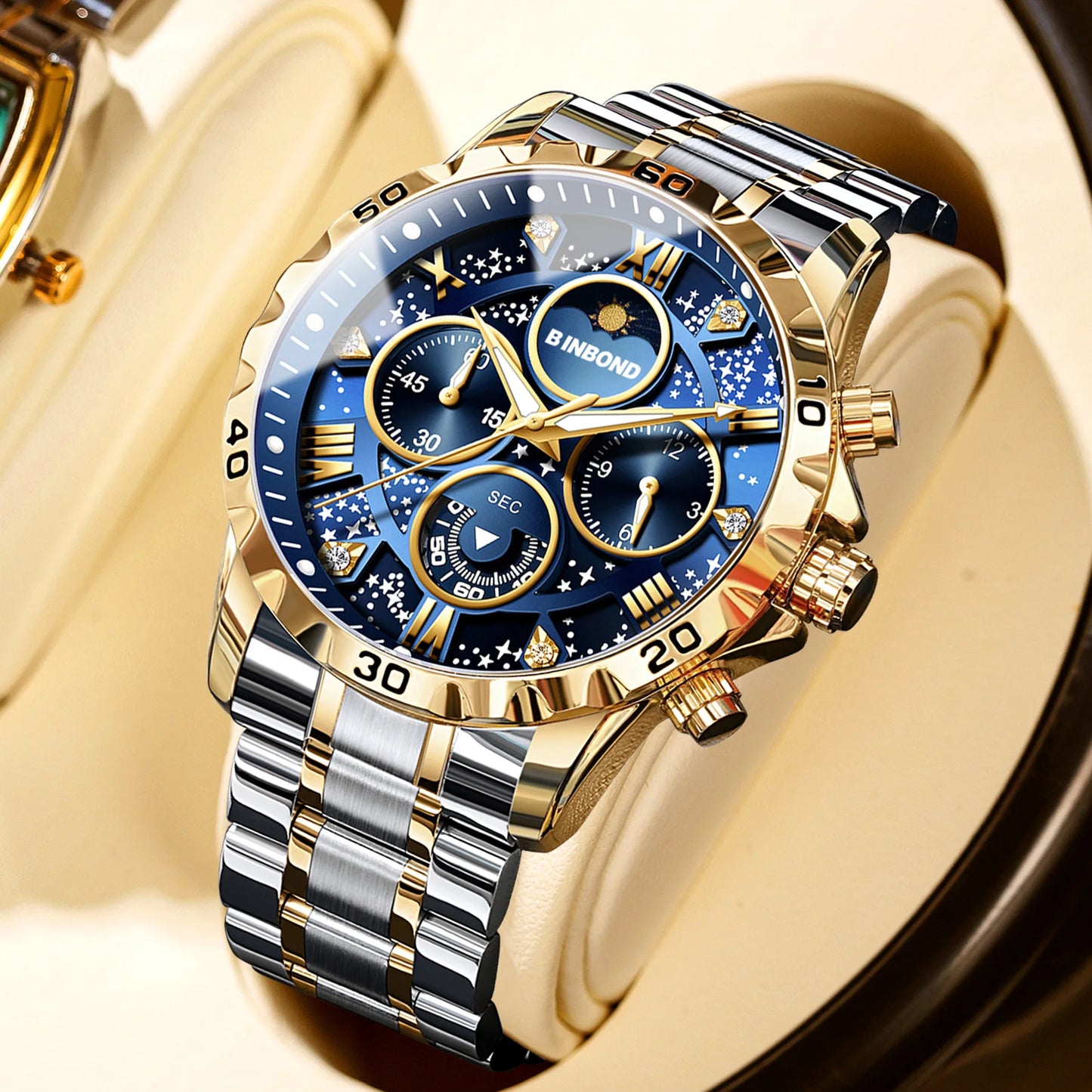 2026 Men Watch Light Luxury Business Steel Belt Moonphase Starry Night Light Waterproof Men's Fashion Quartz Clock Watches Gift