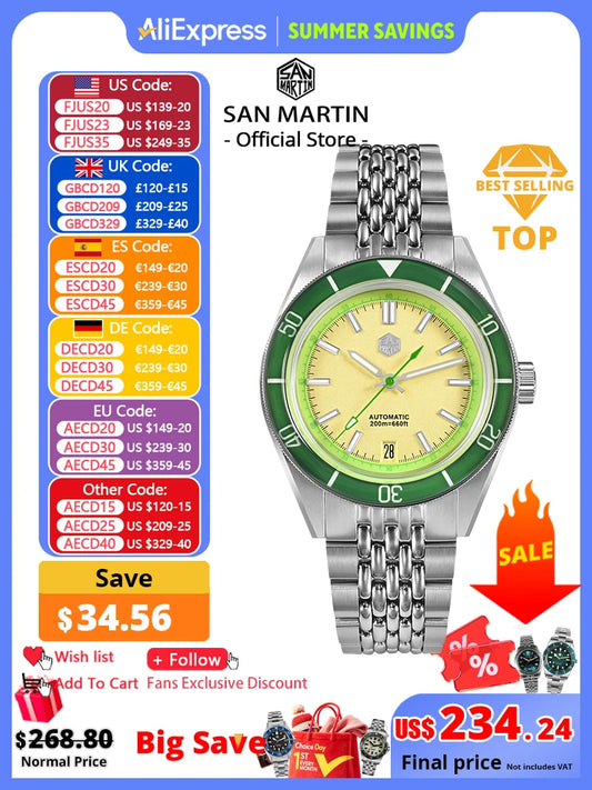 San Martin 39.5mm Summer Dive Watch Fashion Fun Fruit Series Men Sports Watches NH35 Automatic Mechanical 20 ATM SN0116 Reloj