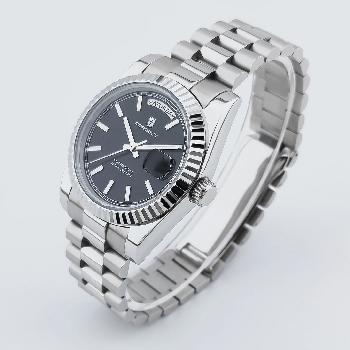 Orologio meccanico da uomo CORGEUT NH36 con indicazione di giorno e data, bracciale President, cassa in acciaio, lunetta arcuata filettata, impermeabile