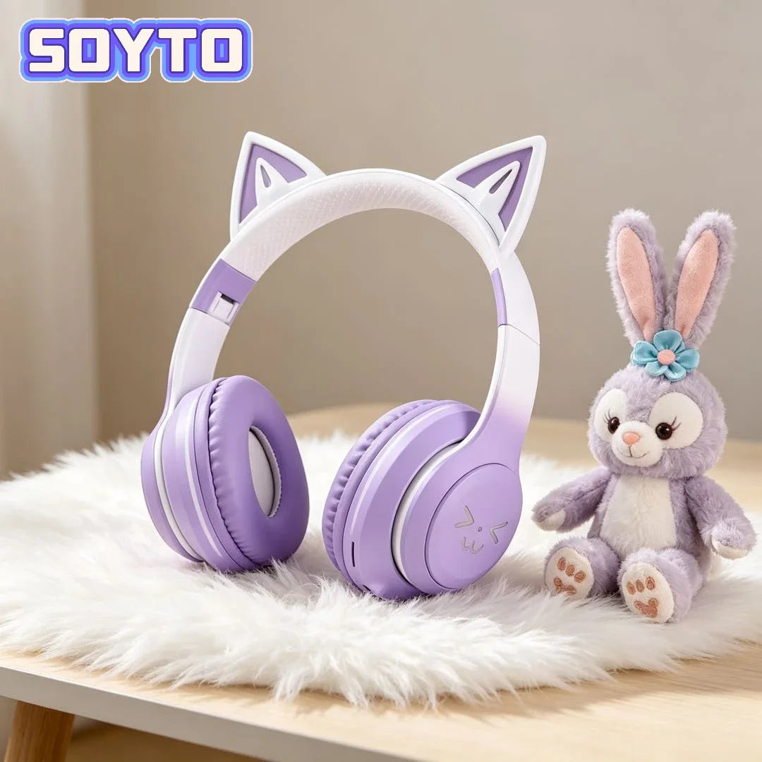 Casque Bluetooth 5.1 sans fil SOYTO avec oreilles de chat lumineuses dégradées, réduction de bruit, écouteurs supra-auriculaires mignons pour téléphone, PC et jeux
