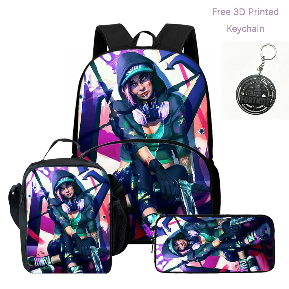 Lightweight FORTNITE 3Pcs Backpack With Front Pocket Lunch Bag Pencil Bag Free 3D Printed Keychain For Boys Girls Kids Aged 5-10