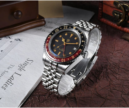 San Martin 40mm SN0005 Retro GMT NH34 Automatic Distressed Patina Dial Bi-color Sapphire Bezel Jubilee Mens Watches 20Bar Lume