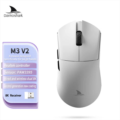 Mouse de gaming Darmoshark M3 V2 Double 8K, wireless, tri-mode, 26K DPI, senzor PAW3395, mouse macro pentru gaming, pentru mâini mari, computer, laptop și PC