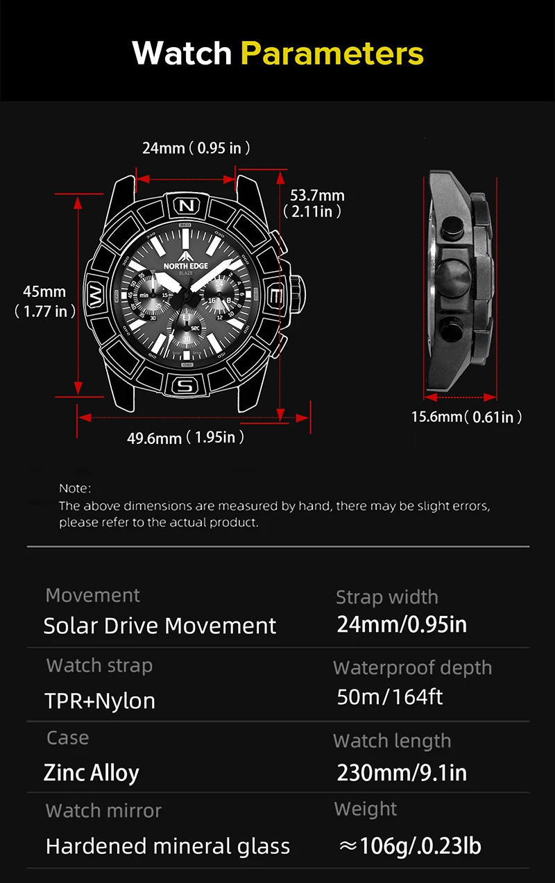 NORTH EDGE 2025 BLAZE Men's Watches Solar Power 316 stainless steel Case Quartz Watch For Men Pilot Waterproof 50M Stopwatch
