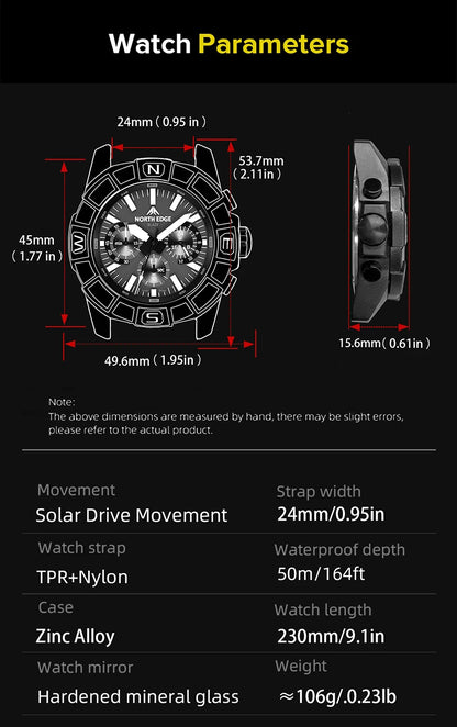 NORTH EDGE 2025 BLAZE Men's Watches Solar Power 316 stainless steel Case Quartz Watch For Men Pilot Waterproof 50M Stopwatch