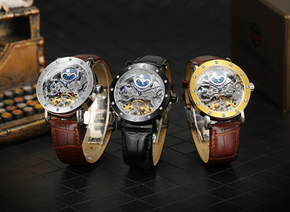 Avtomatska mehanska zapestna ura SKROX za moške, skeletni model s funkcijo GMT, prikazom luninih faz in turbijonom – elegantna in izvirna luksuzna ura najvišjega razreda.