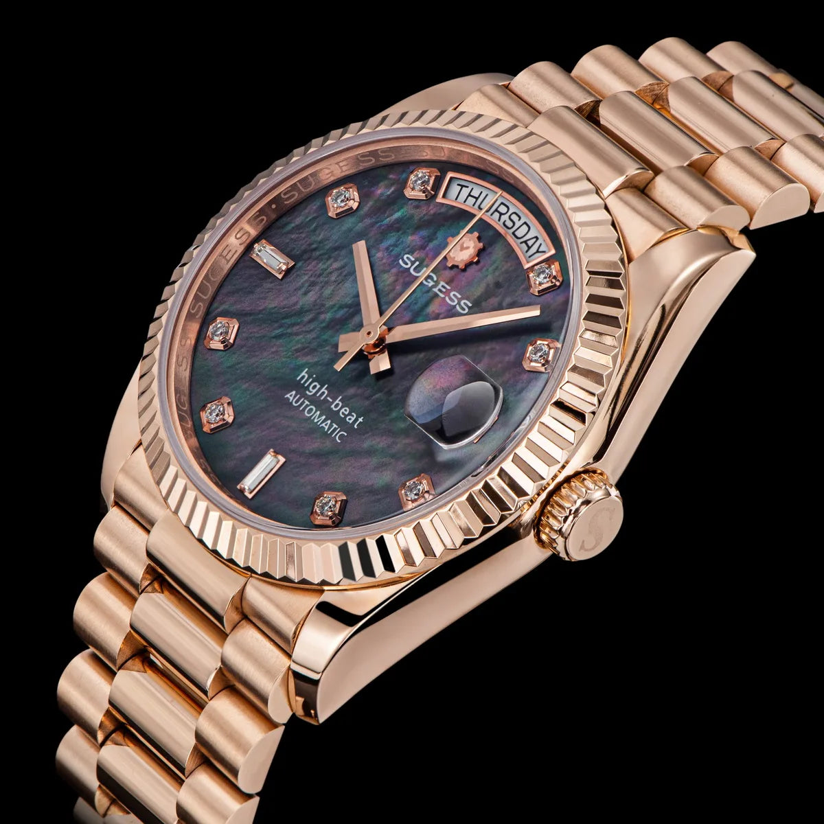 Sugess 36mm Mens of Watch Automatic Dandong Peacock SL3034 Day Movement Sapphire Glass 100m Waterproof Wristwatches MOP Date New
