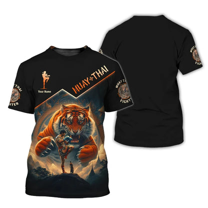 Häftig ny T-shirt med Muay Thai-motiv för män, 3D-tryck med tiger- och drakmotiv, personlig T-shirt med eget namn, sommar- och gym-T-shirt