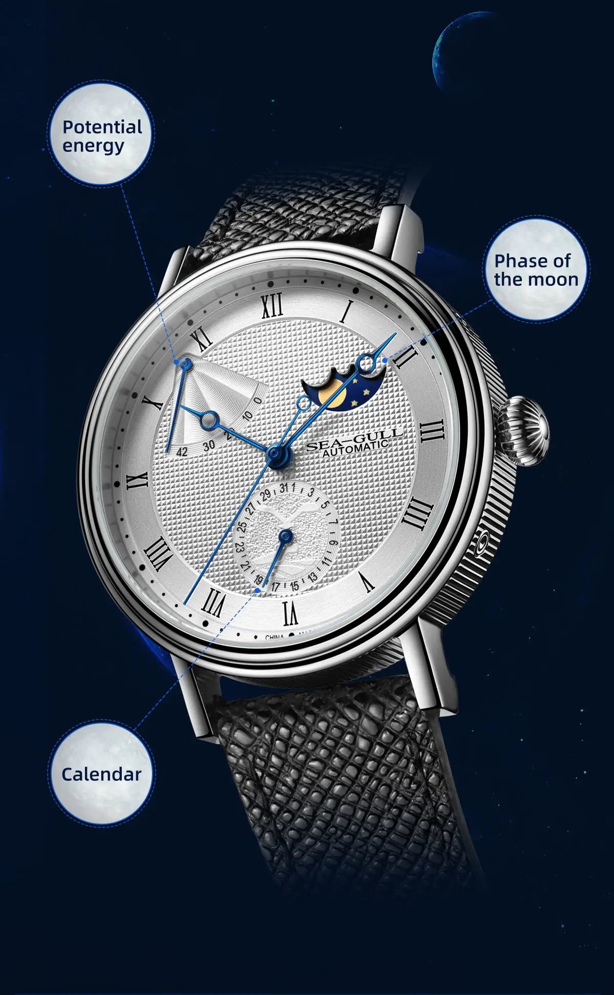 Seagull Men's Business Wristwatch Moon Phase Leather Luxury Automatic Mechanical Men's Watches 50M Waterproof Relogio 6092