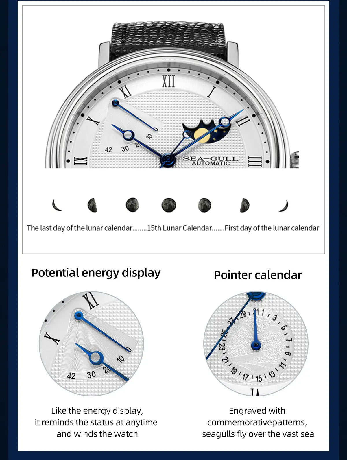 Seagull Men's Business Wristwatch Moon Phase Leather Luxury Automatic Mechanical Men's Watches 50M Waterproof Relogio 6092