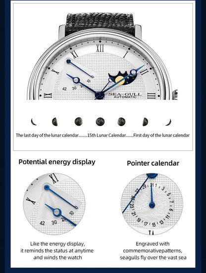 Seagull Men's Business Wristwatch Moon Phase Leather Luxury Automatic Mechanical Men's Watches 50M Waterproof Relogio 6092