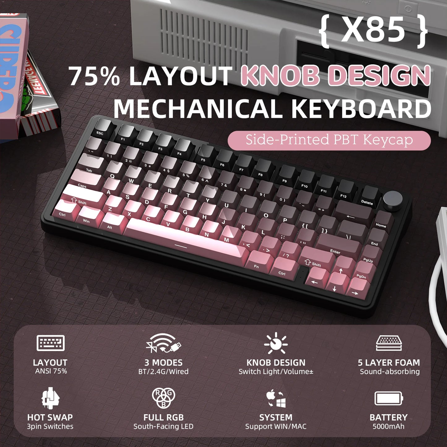 Teclado mecánico ATTACK SHARK X85 trimodo Gasket 75% con perilla CNC, acolchado de 5 capas, hot-swap, retroiluminación RGB y NKRO