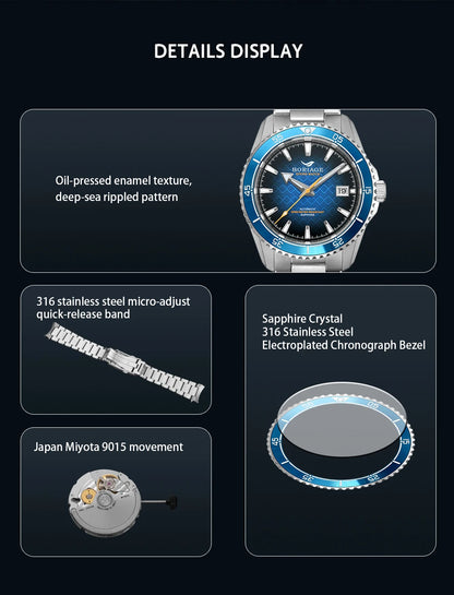 BORIAGE Fully automatic mechanical diving watch, 200m Water Resistance Miyuda 9015 movement men's watch