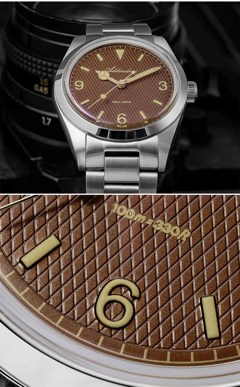 ADDIESDIVE New Men's Analog Watch Bubble Mirror Glass 100m Luminous Men's Quartz Watches with Stainless Steel Bracelet AD2096