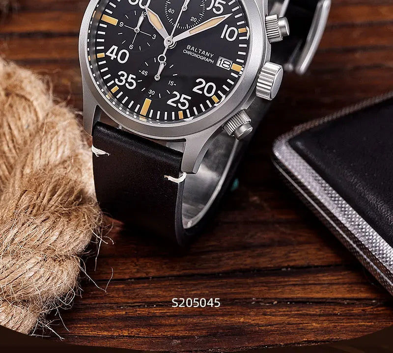 Baltany Quartz Chronograph S5045 Sunburst Blue Dial VK67 100M Stainless Steel Calendar Window Sapphire Vintage Military Watches
