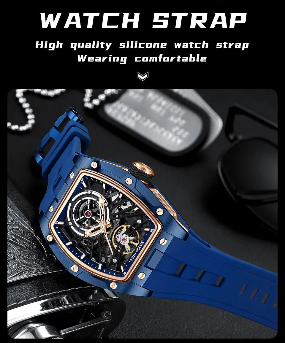 MINI FOCUS Orologio da polso da uomo fashion nero impermeabile, automatico meccanico, con lancette luminose, cinturino in silicone e quadrante tonneau