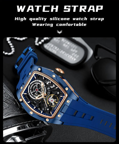 MINI FOCUS Orologio da polso da uomo fashion nero impermeabile, automatico meccanico, con lancette luminose, cinturino in silicone e quadrante tonneau