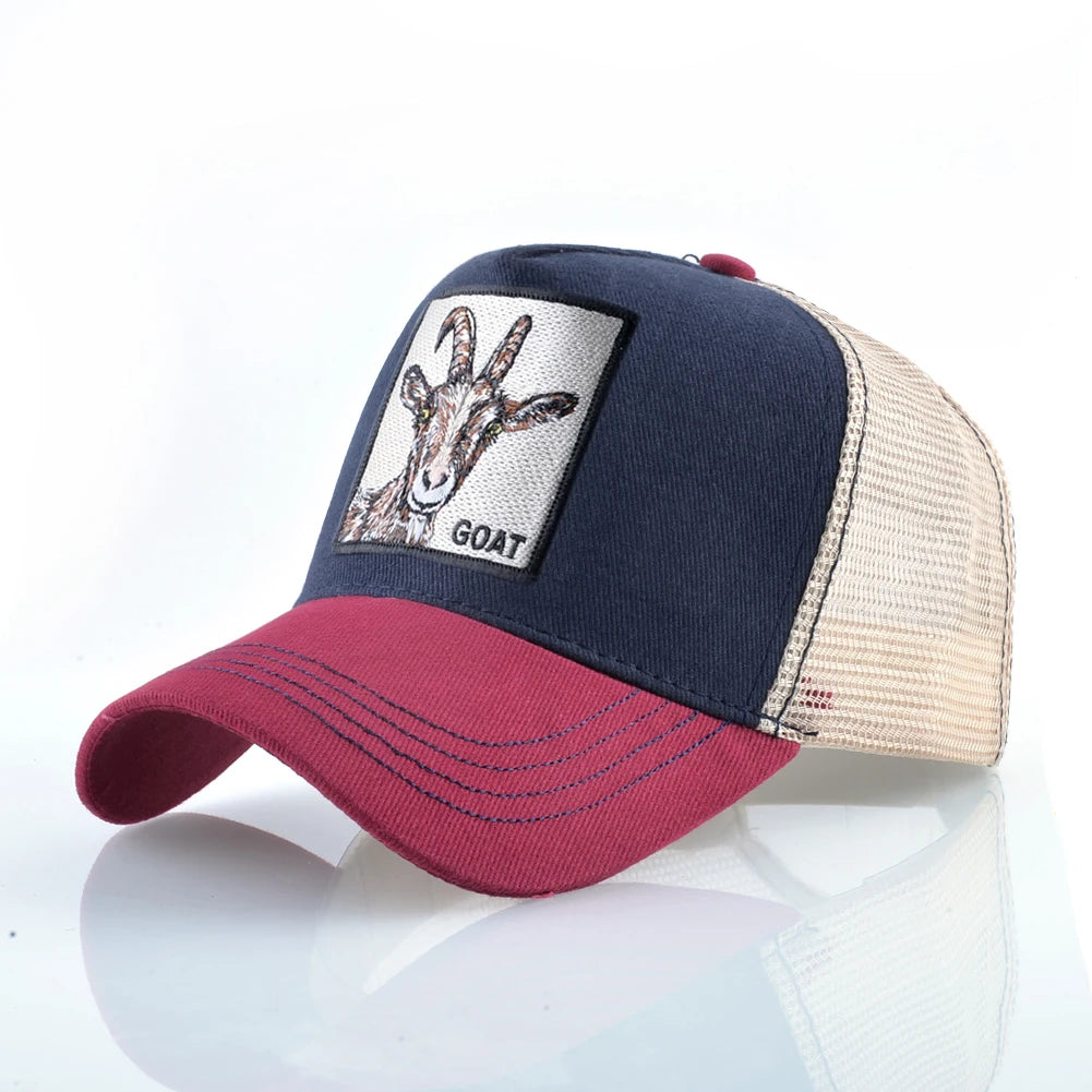 Gorras trucker de moda con parche bordado de cabra, snapback para las cuatro estaciones, gorra de béisbol para hombre y mujer con visera ajustable