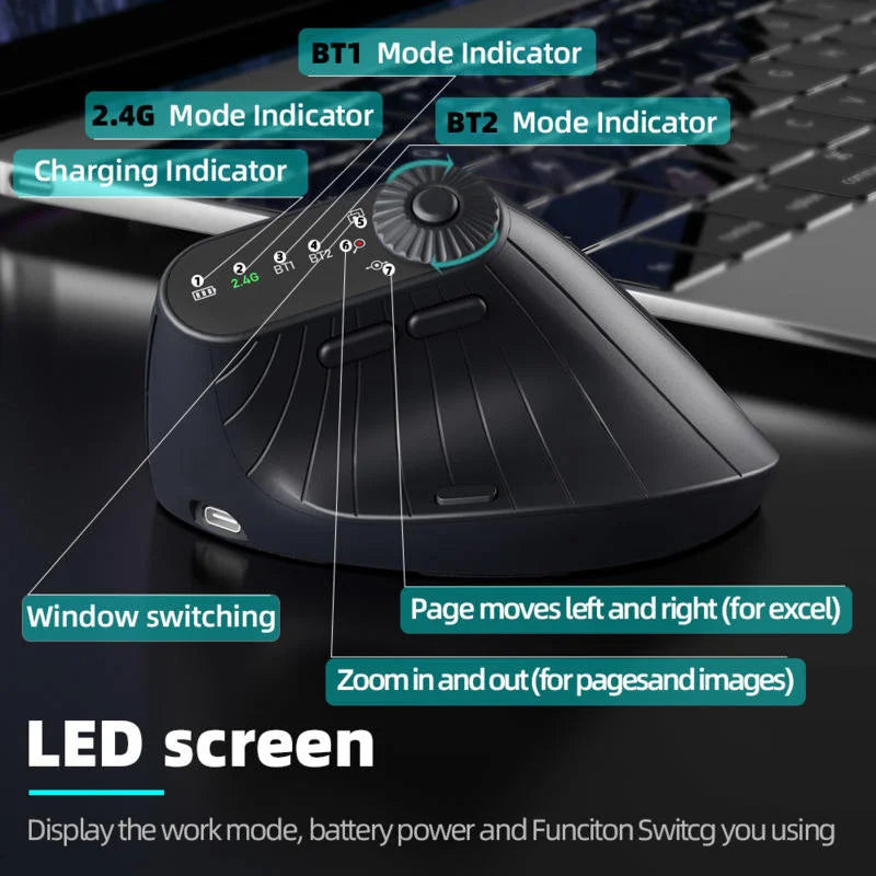 Mouse wireless ergonomic 2.4GHz BT RGB cu mod dual, pentru laptop, desktop și birou, silențios, vertical, pentru gaming
