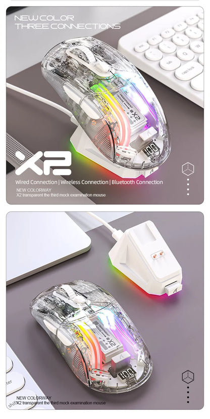 Attack Shark X2PRO Bluetooth Mouse, Tri-Mode, RGB Lights, Magnetic Charging, Transparent, Battery Indicator, Computer Phone