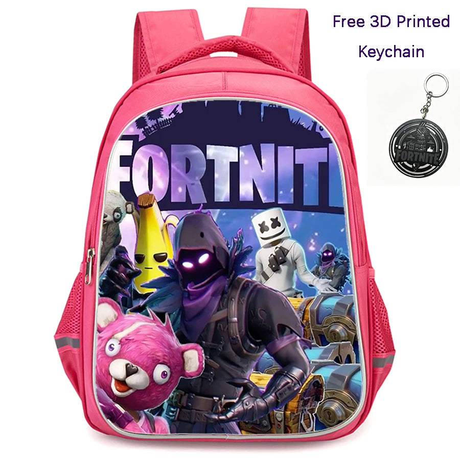 FORTNITE 16-inch Durable Lightweight Backpack, Dual Zipper Pockets, Cartoon Style for Boys & Girls 6-10,Free 3D Printed Keychain