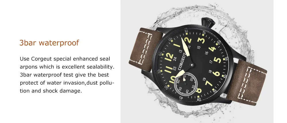 Corgeut 44mm Leather Luminous Mechanical Hand Winding Watch For Men 17 Jewels ST3600 Seagull 6497 Movement Sport Wristwatches