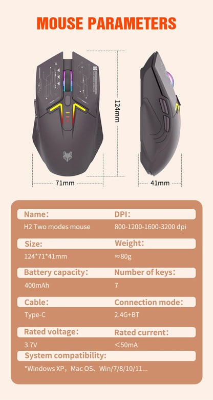 XUNSVFOX H2 Wireless Bluetooth Dual-Mode Mouse with RGB Lighting Effect for Laptop Gaming and Office, Magnetic Charging