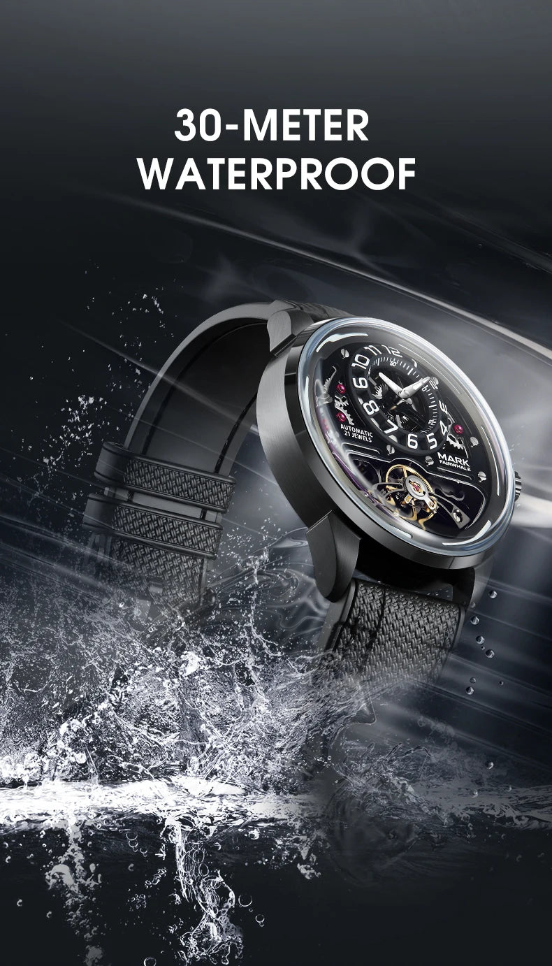 MARK FAIRWHALE Men's Automatic Watch Skeleton Dial Fluororubber Strap Waterproof Luxury Fashion Wristwatch