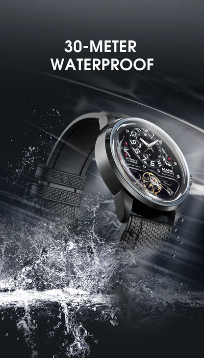 MARK FAIRWHALE Men's Automatic Watch Skeleton Dial Fluororubber Strap Waterproof Luxury Fashion Wristwatch