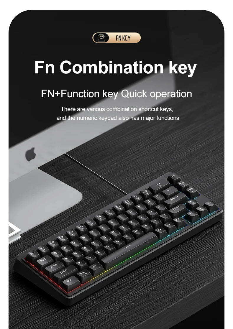 FREEWOLF M68SE Mini-Tastatur mit 68 Tasten, kabelgebunden, RGB-Hintergrundbeleuchtung, Type-C, 68-%-Layout, kompakt, für Gaming, Büro, PC und Laptop