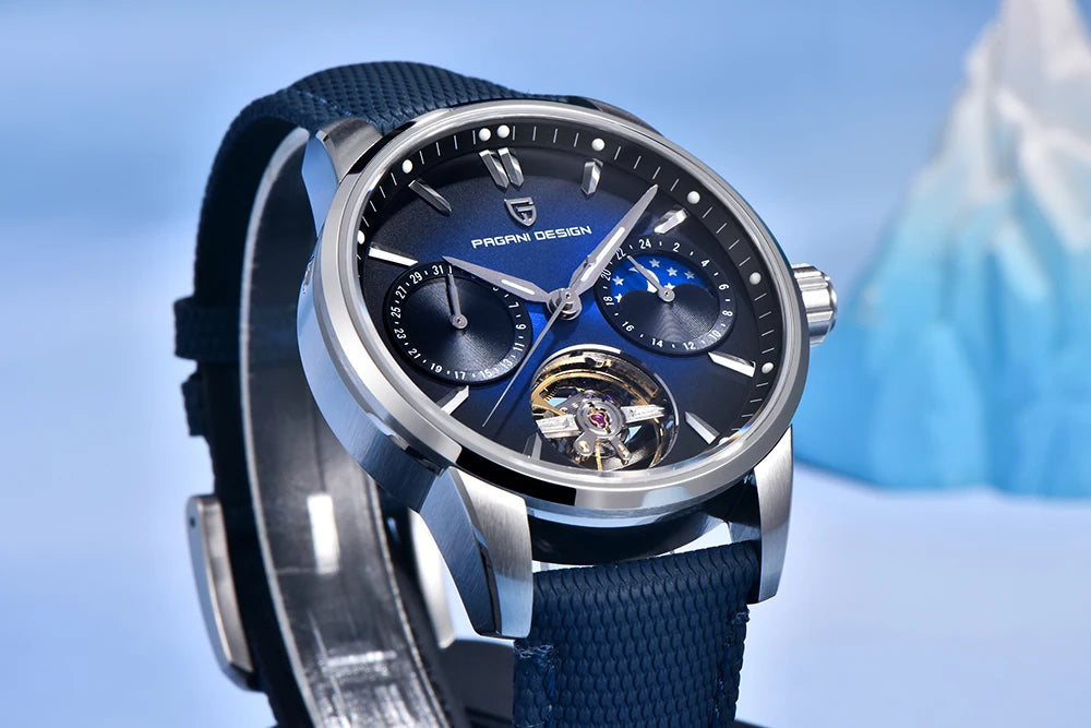 PAGANI DESIGN – luksuzni mehanički sat za muškarce, 41 mm, safirno staklo, kožni remen, vodootporan, u pilotskom stilu, s turbiljonom i fazama mjeseca
