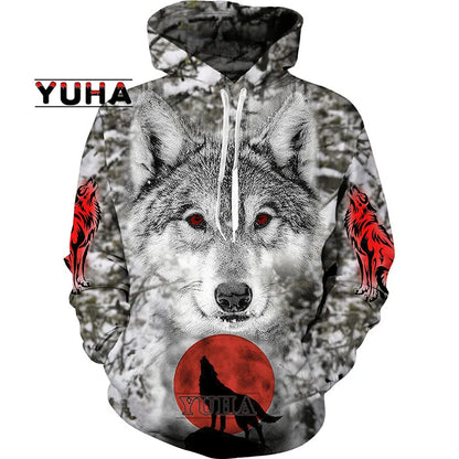 Sweatshirt com Capuz Unissexo Wolf com Impressão 3D, Pullover Cool com Gráfico Animal, Streetwear Masculino