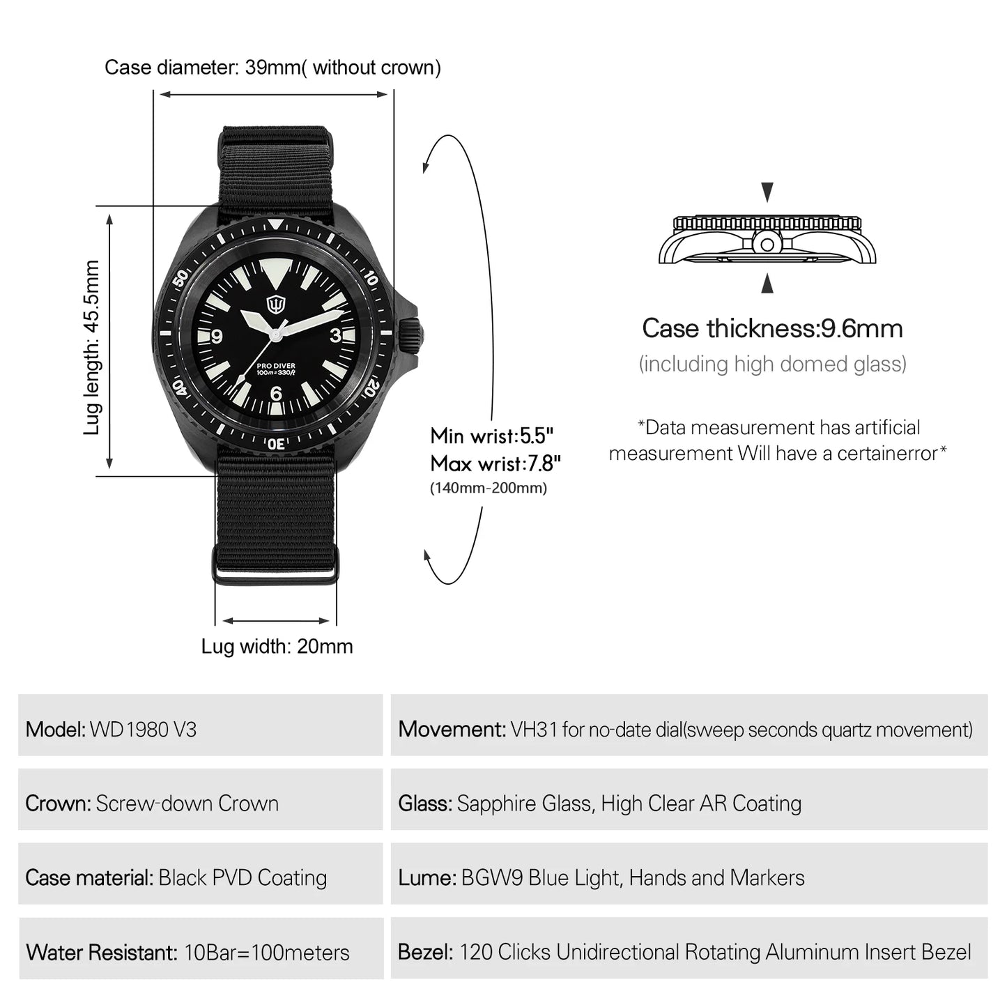 Watchdives WD1980 V3 Luxury Watch VH31 Sweep Seconds Quartz Movement AR Coating Sapphire Glass 10Bar Waterproof Men's Watches