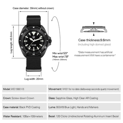 Watchdives WD1980 V3 Luxury Watch VH31 Sweep Seconds Quartz Movement AR Coating Sapphire Glass 10Bar Waterproof Men's Watches