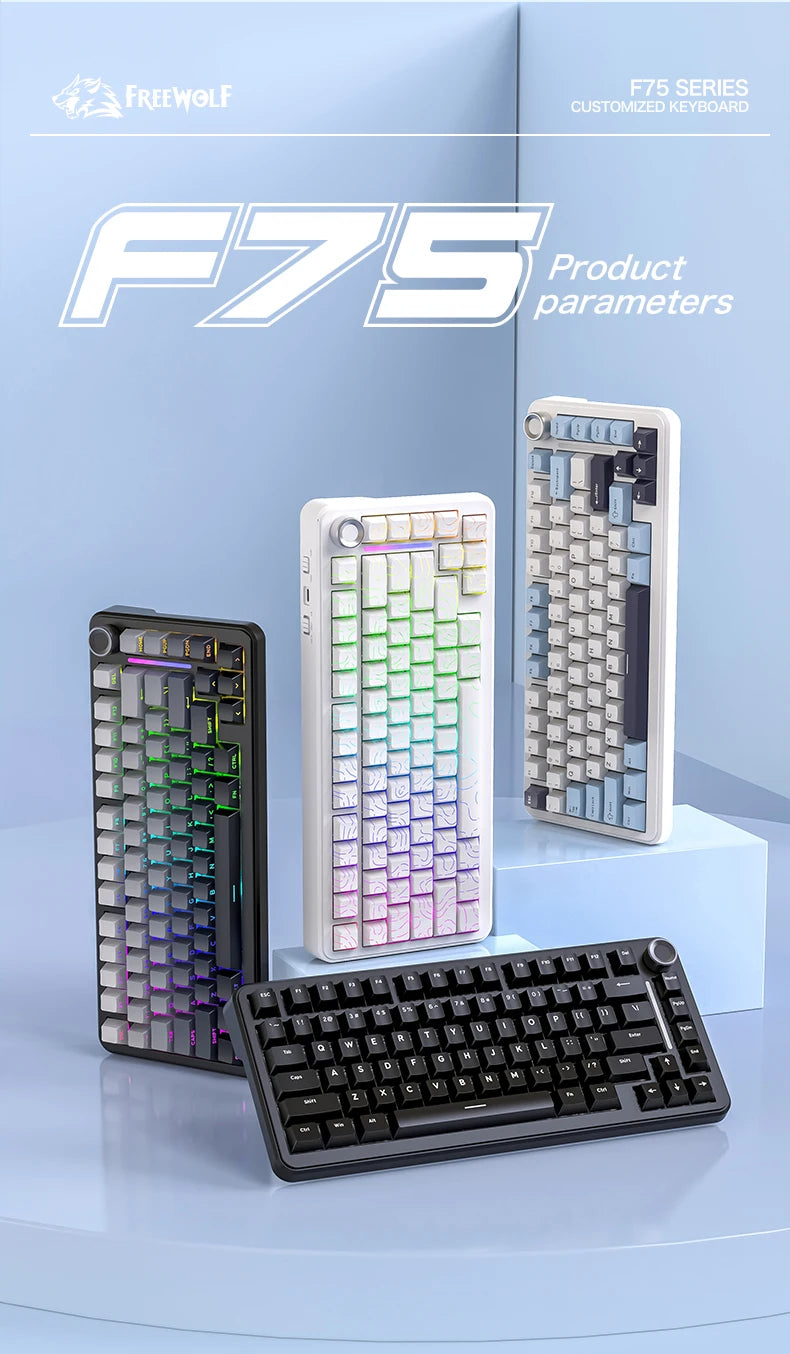 75% Hot Swap Gaming Keyboard Wireless FREEWOL F75 RGB Mechanical Keyboard with Metal Knobs AULA F75 Same Model,Tri-Mode,4000 mAh